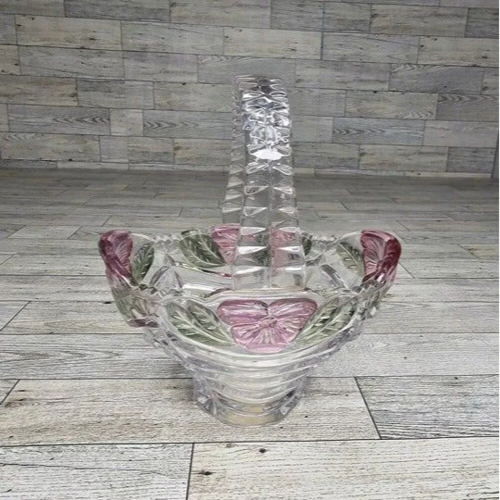 Anne Hutte Bleikristall Lead Crystal Basket 24% P.bO Made in Germany Pink/Green